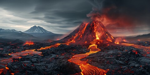 volcano eruption lava flows Generative AI - obrazy, fototapety, plakaty
