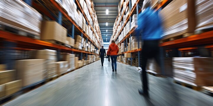 Blurred image of warehouse employees in motion Generative AI