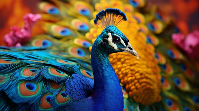 A beautiful peacock with colorful feathered tail stands, AI generated images