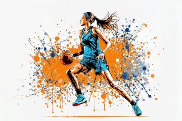 Young woman basketball player with ball. Abstract grunge background. Girl playing basketball.