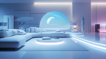 Uma sala de estar futurista exibe um design minimalista elegante com gadgets de alta tecnologia integrados ao espaço  A iluminação ambiente suave realça as linhas limpas e a estética futurista