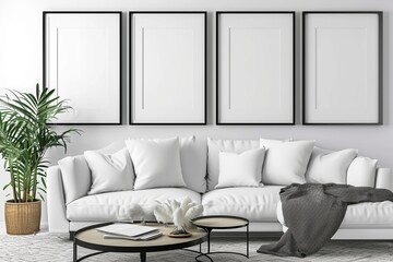 White living room mockup, contemporary interior design room, black frames on white wall, 3d render
