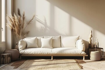White sofa in beige interior background, minimal wooden style, panorama, 3d render