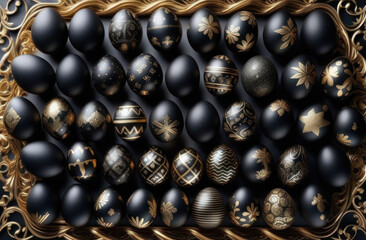 Beautifully ornamented black gold Easter eggs showcased in a top view flatlay.