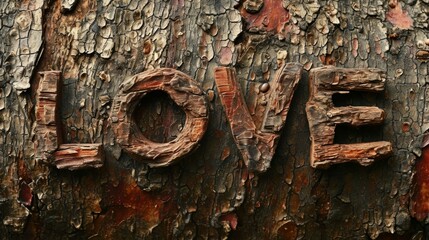 Bark Love concept creative horizontal art poster. Photorealistic textured word Love on artistic background. Horizontal Illustration. Ai Generated Romance and Passion Symbol.