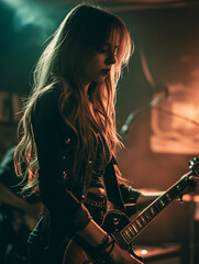 Attractive Young Female Rocker Playing Guitar at a Show at Bar or Pub