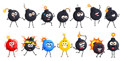 Cartoon bomb characters and wick fuse, explosive weapon personages with burst, vector icons. Bombs with face smile, cute funny explosion boom emoticons and emoji happy or scared with burning wick fuse - obrazy, fototapety, plakaty