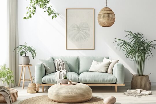 Stylish scandinavian living room interior with design mint sofa, furnitures, mock up poster map, plants, and elegant personal accessories. Home decor. Interior design. Template. Ready to use.