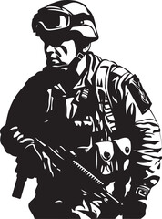 Combat Guardian Black Vector Icon Design for Soldier with Gun Logo Tactical Defender Elegant Soldier Holding Gun in Vector Black Icon