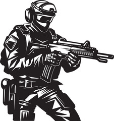 Commando Ready Elegant Vector Soldier with Gun Emblem Strategic Defender Vector Black Icon Design for Soldier Holding Gun
