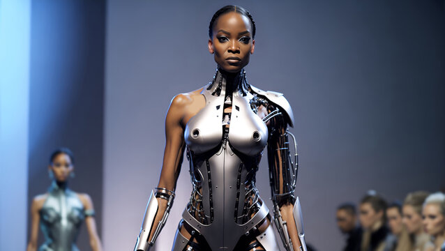 Futuristic Elegance: Black Cyborg Runway Showcase. Female cyborg on the catwalk