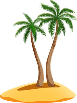 Cartoon pirate island with palm trees, surrounded by golden sand. Isolated vector paradise land with tall and slender palm trees swaying gracefully in the tropical breeze their fronds rustling