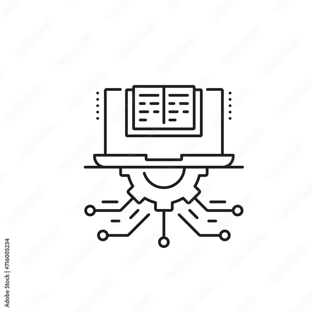 Leinwandbilder Machine learning training data, AI artificial intelligence algorithm icon. Artificial intelligence science, robotic smart algorithm and computer technology vector icon with laptop, book and gear wheel