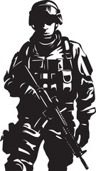 Warrior Guardian Elegant Black Iconic Soldier with Gun Emblem Armed Sentinel Vector Soldier with Gun Black Icon Design