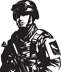 Combat Guardian Elegant Black Iconic Soldier with Gun Emblem in Vector Tactical Defender Vector Soldier Holding Gun Black Icon Design