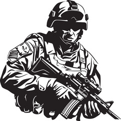 Strategic Defender Vector Black Icon Design for Soldier Holding Gun Combat Guardian Elegant Black Iconic Soldier with Gun Emblem in Vector