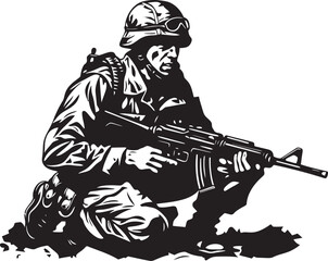 Commando Vigilance Vector Black Icon Design for Soldier Holding Gun Strategic Precision Elegant Vector Soldier with Gun Logo