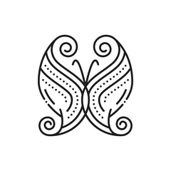 Butterfly with abstract pattern on wings, line icon for tattoo or decoration art, outline vector. Butterfly insect with open wings and ornate pattern in thin line for decoration print or beauty decor
