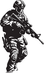 Tactical Defender Vector Black Icon Design for Soldier Holding Gun Logo Warrior Vigilance Elegant Black Iconic Soldier with Gun Emblem in Vector