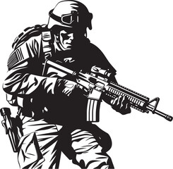 Combat Guardian Vector Soldier Holding Gun Black Icon Design Tactical Vigilance Elegant Black Iconic Soldier with Gun Logo