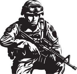 Strategic Defender Elegant Black Vector Soldier with Gun Logo Combat Guardian Vector Soldier Holding Gun Black Icon Design