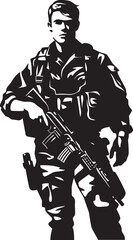 Fototapeta premium Battle Ready Defender Elegant Vector Soldier Holding Gun Logo Commando Vigilance Vector Black Icon Design for Soldier with Gun