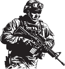 Strategic Guardian Elegant Soldier Holding Gun in Vector Black Combat Precision Vector Black Icon Design for Soldier Emblem