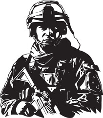 Armed Precision Black Iconic Soldier with Gun Emblem in Vector Battle Ready Defender Elegant Vector Soldier Holding Gun Logo