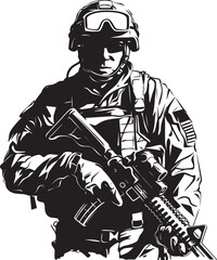 Tactical Sentinel Black Iconic Soldier with Gun Logo in Vector Warrior Defender Elegant Vector Design for Soldier Holding Gun