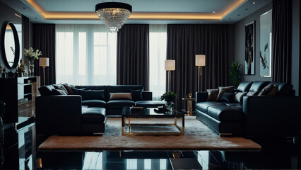 Interior design of a luxurious living room featuring stylish leather furniture