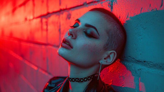 Young punk rock woman with a shaved head. Goth lifestyle. Neon backstreet and nightclub in the 1980's. Gritty real life photojournalistic style portrait.