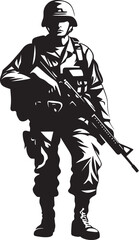 Obraz premium Warrior Defender Vector Black Icon Design for Soldier Holding Gun Armed Precision Elegant Black Iconic Soldier with Gun Emblem