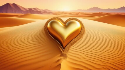 Golden big metal heart on the sand in the desert. The concept of love for travel and warm countries. Valentine's Day - obrazy, fototapety, plakaty