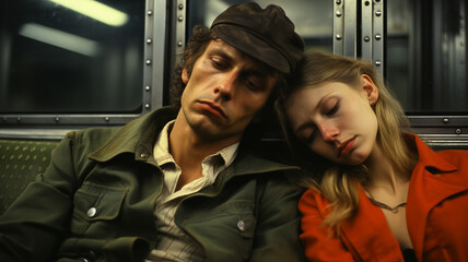 1970's style photo of New Yorkers riding the subway. Innocence of the 70's, fluorescent lighting and gritty themes of NYC.