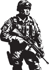 Battle Ready Vigilance Vector Black Icon Design for Soldier with Gun Commando Defender Elegant Soldier Holding Gun Logo in Vector Black