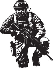 Battle Ready Precision Elegant Soldier Holding Gun Logo in Vector Black Commando Guardian Vector Black Icon Design for Soldier with Gun