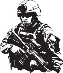 Combat Guardian Elegant Vector Design for Soldier with Gun Tactical Defender Vector Black Icon Design for Soldier Holding Gun Logo