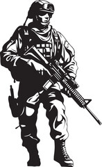 Armed Guardian Vector Soldier with Gun Black Icon Design Battle Ready Precision Elegant Soldier Holding Gun Logo in Vector Black