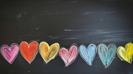 Hearts on blackboard, Heartful Harmony: A Vibrant Chalkboard Illustration of Love, Unity, and Diversity.