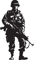 Warrior Vigilance Elegant Black Iconic Soldier with Gun Emblem in Vector Armed Guardian Vector Soldier with Gun Black Icon Design