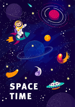 Cartoon spaceman on rocket in starry galaxy. Galaxy travel, outerspace discovery or cosmos flight vector poster with boy astronaut happy personage flying on rocket, comets and fantastic planets, UFO © Vector Tradition