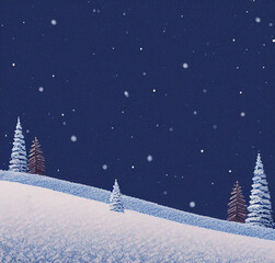 Naklejka premium Winter forest landscape at night. Colorful illustration. Background with empty copy space. Beautiful snow wallpaper. Christmas card design. New year flyer