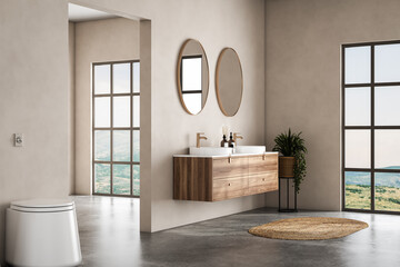 Beige bathroom interior with double sink and mirror, carpet on concrete floor, bathtub, plants....