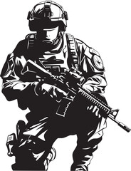 Strategic Defender Vector Soldier with Gun Black Icon Emblem Design Combat Guardian Elegant Vector Soldier Holding Gun Black Icon in Style