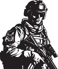 Battle Ready Guardian Elegant Vector Soldier Holding Gun Logo in Black Commando Vigilance Vector Soldier with Gun Black Icon Emblem Design