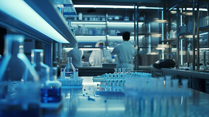 Um laboratório de biotecnologia moderno zumbindo com energia futurista enquanto cientistas em jalecos brancos se movem com propósito entre equipamentos de alta tecnologia - obrazy, fototapety, plakaty