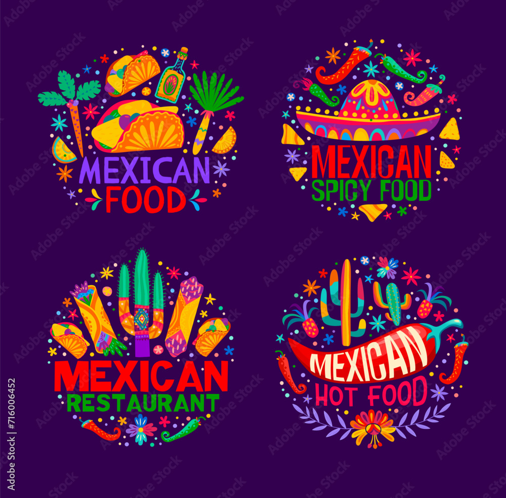 Wall mural mexican cuisine icons of burrito, taco and sombrero, mexico restaurant menu vector signs. tex mex an