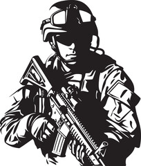 Tactical Sentinel Black Iconic Soldier with Gun Logo in Vector Warrior Defender Elegant Vector Design for Soldier Holding Gun