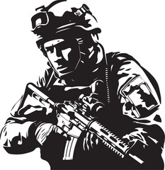 Strategic Defender Elegant Vector Soldier Holding Gun Logo Combat Precision Vector Black Iconic Soldier with Gun Emblem