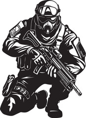 Tactical Protector Elegant Vector Soldier with Gun Emblem Warrior Stance Vector Black Icon Design for Soldier Holding Gun